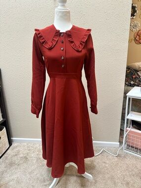 VTG 50s Burgundy Doll Collar Button Fit And Flare Pin Up Midi Dress S/M Retro